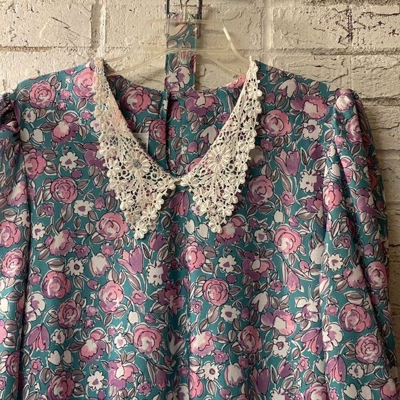 Vintage Floral 80s Jennifer Gee Pleated Long Sleeve Dress 10 - Picture 3 of 10